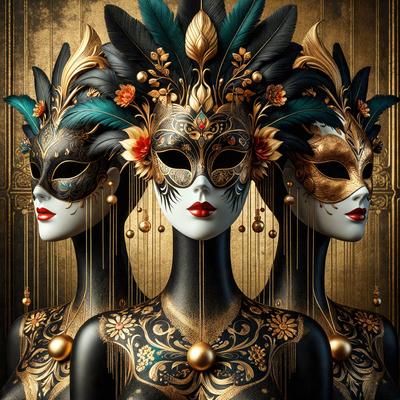The primary subject of the image is a group of three women wearing masks. They are standing next to each other, and each woman is wearing a different mask. The setting is a gold background, which adds a luxurious and elegant touch to the scene. The visual style is a digital art, which gives the image a unique and artistic appearance. The colors and mood of the image are predominantly gold and black, creating a sophisticated and mysterious atmosphere.